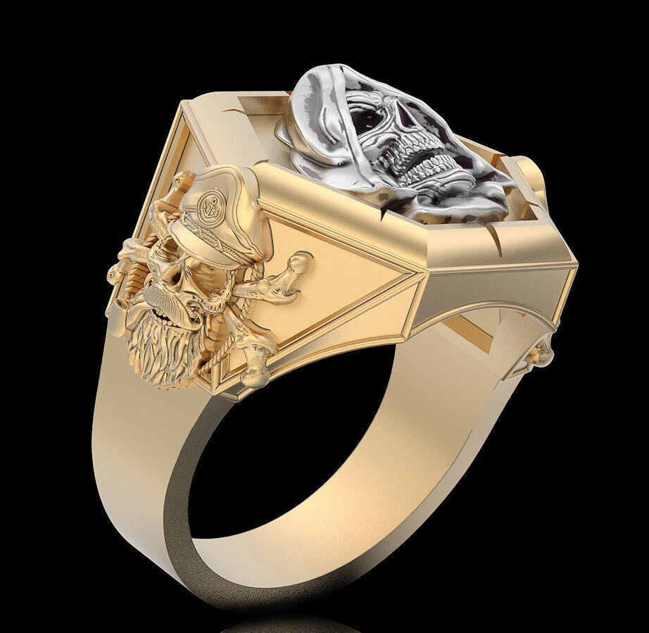 Vintage Brass Gown Skull Ring Punk Gothic Biker Men Women Jewelry Gift For Him