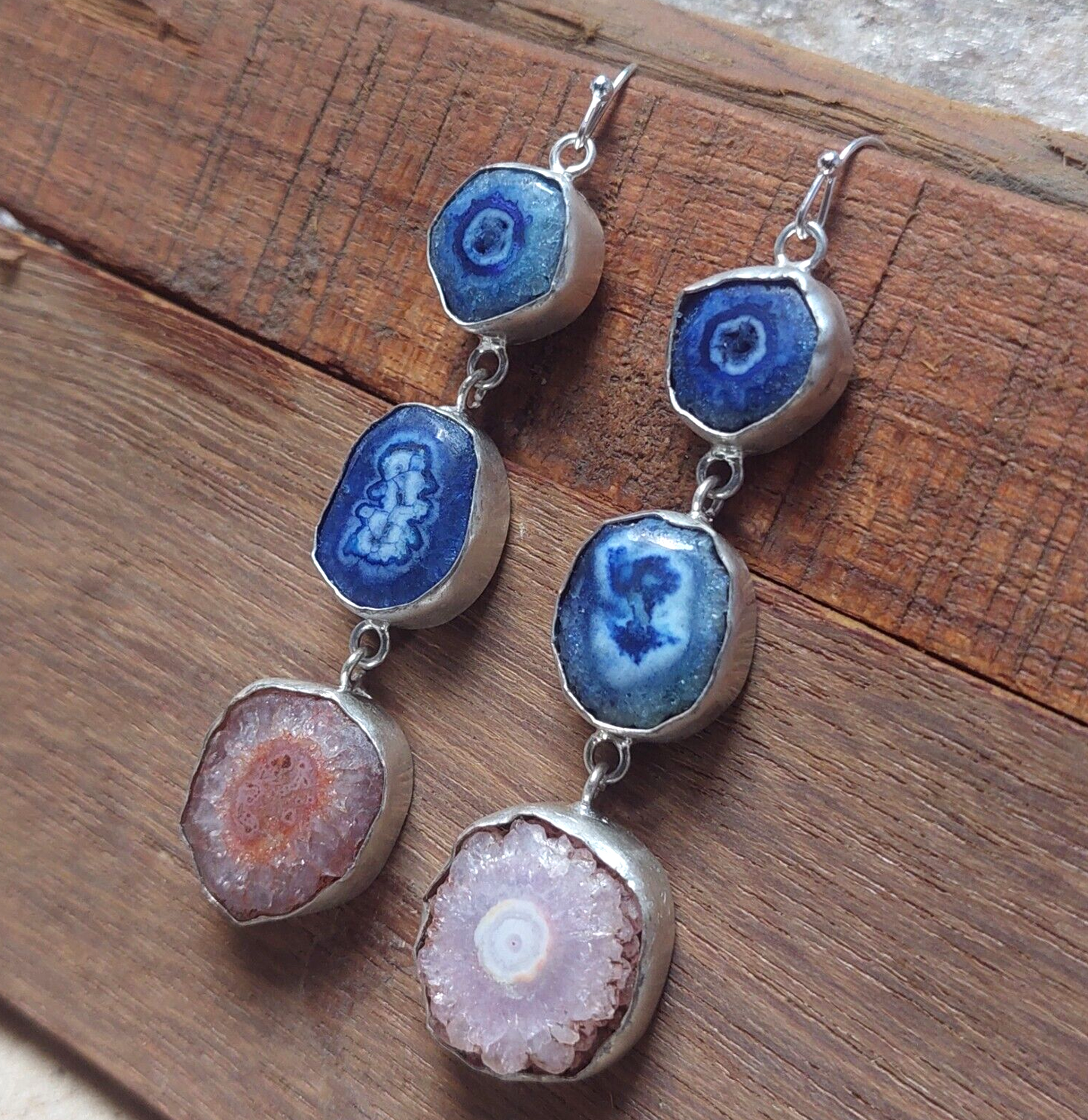 Natural Blue And Pink Solar Quartz 925 Sterling Silver Handmade Earring For Her