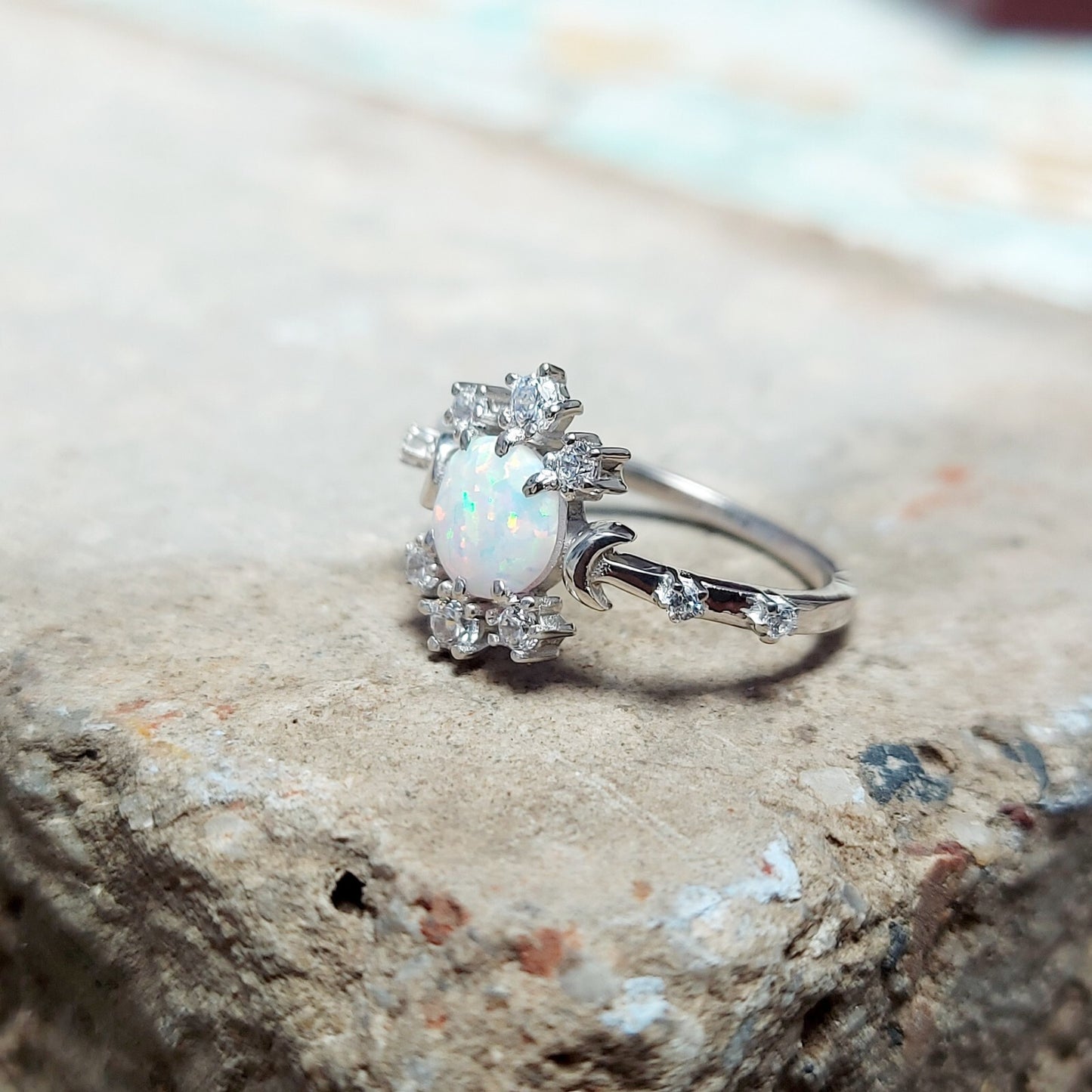 Natural Opal Ring Round Cut CZ Cluster 925 Silver Gift Ring US5~15 Vintage Look
