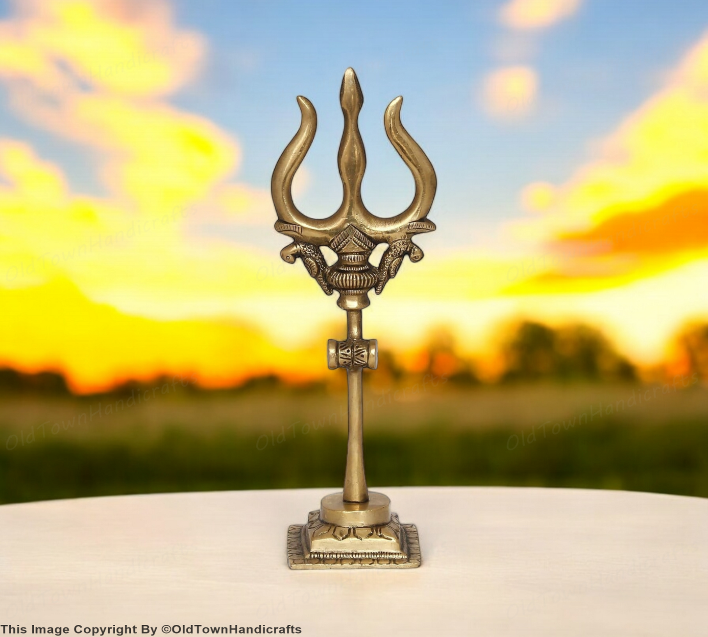 Brass Trishul with Damru Handcrafted Trishul Figurine Unique Gold Home Decor