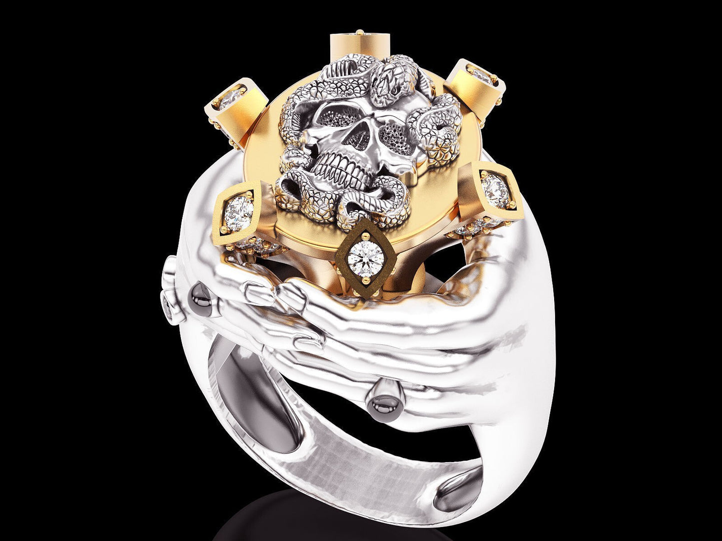Gothic Brass Hand Holding Skull Ring Biker Punk CZ Custom Skull Ring Gift US5~15