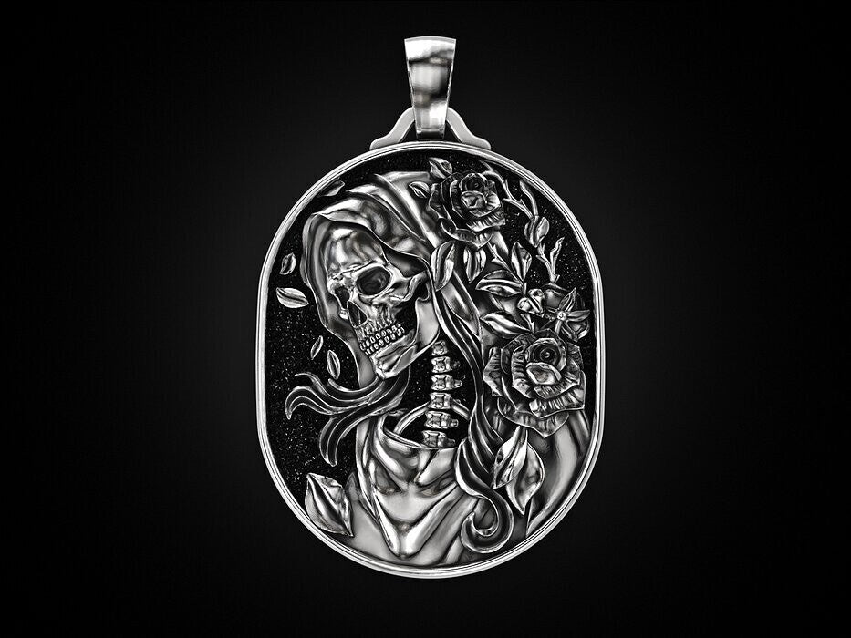 Skull Rose Serpent Pendant 925 Silver Skull Gothic Biker Necklace For Men Women