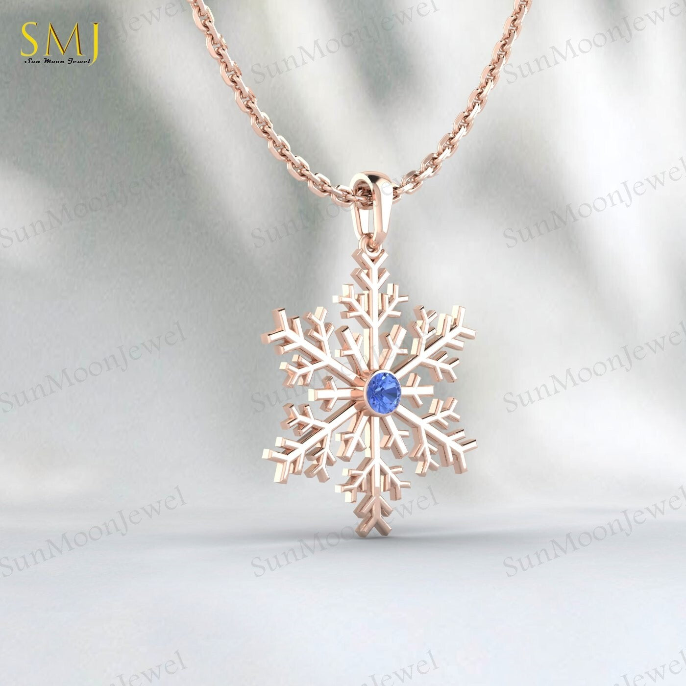 925 Silver Blue Tanzanite Snowflake Necklace Winter Snowy Day Gift Sparkly