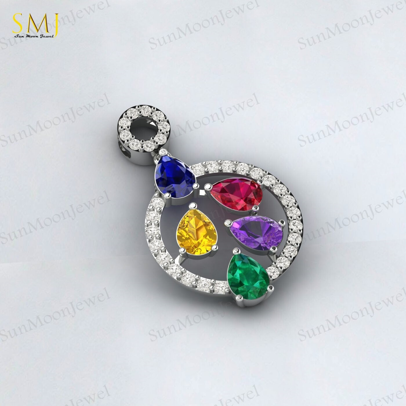 Sapphire Ruby Amethyst Citrine Emerald Multi Gemstone Pendant Sterling Silver