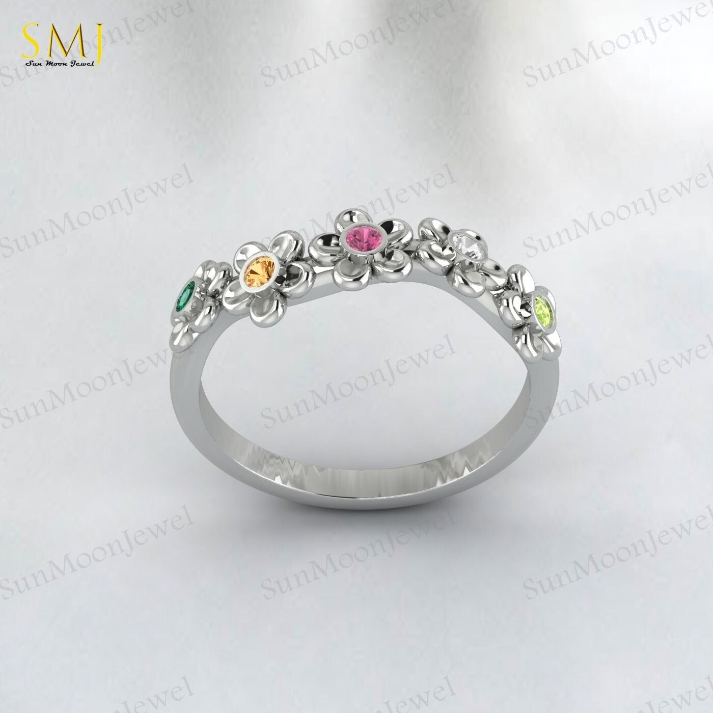 Natural Peridot Tourmaline Citrine Emerald Mutistone Flower Band in 925 Silver