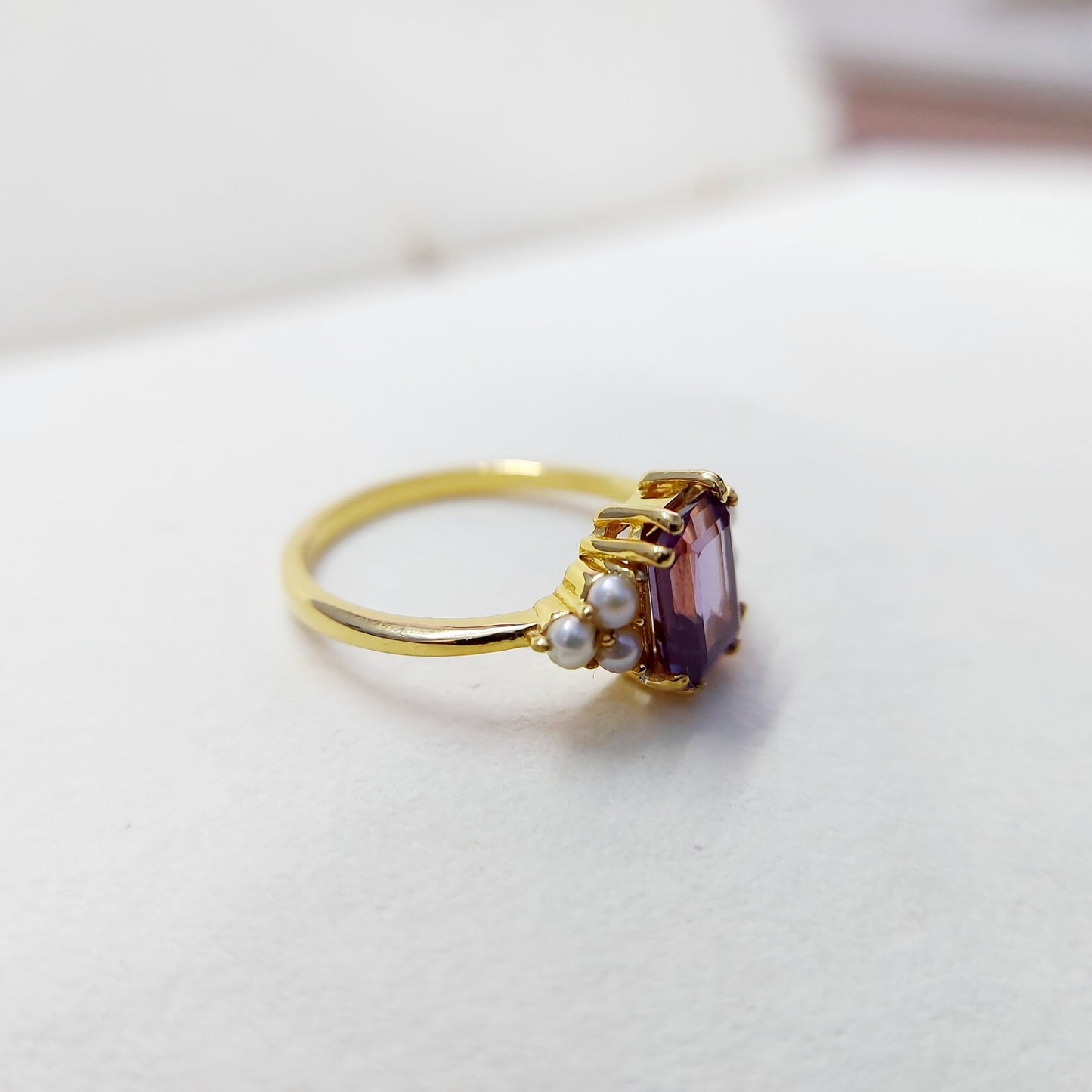 Emerald Cut Amethyst Pearl Ring 925 Silver Handmade Engagement Women Ring US5~15