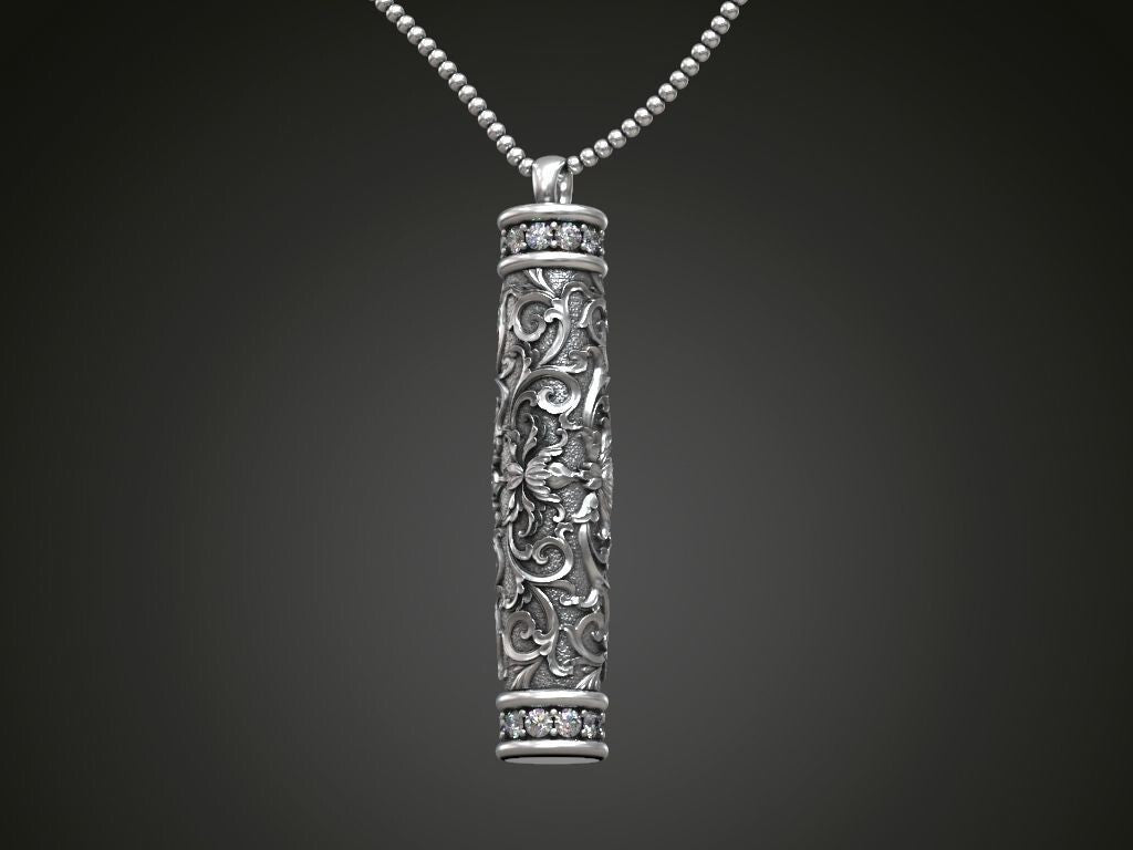 Silver Tube Floral Pattern Pendant Antique Flower Bottle Shape Necklace Gift