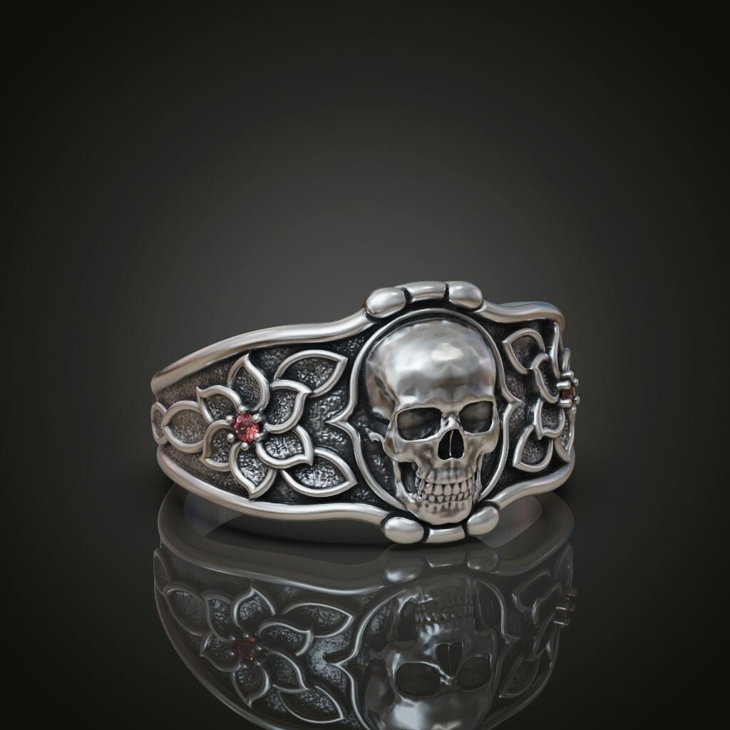 925 Sterling Silver Skull Flower Ring Handmade Biker Gothic Jewelry Ring US5 ~15