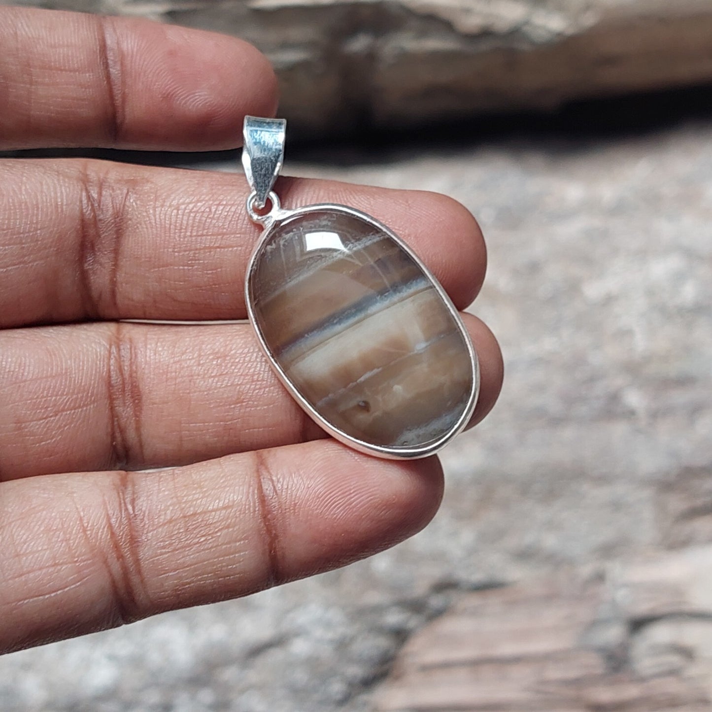 Vintage Brown Agate Gemstone Pendant 925 Sterling Silver Necklace For Girl
