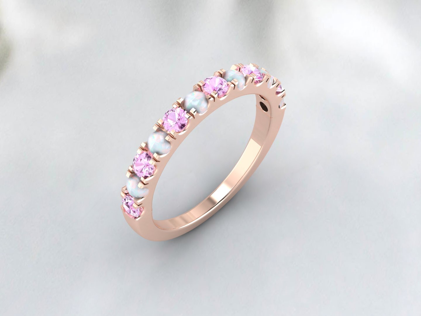 Natural Round Opal And Pink Sapphire Half Eternity Band Fine Silver Wedding Band