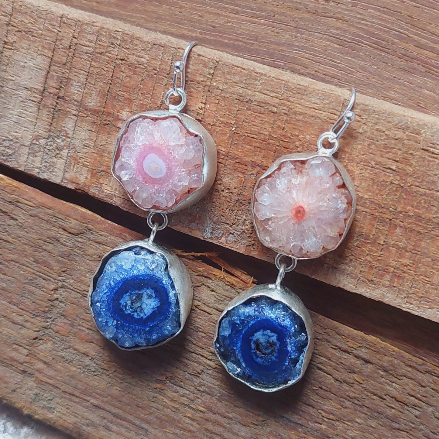 925 Sterling Silver Natural Pink And Blue Solar Quartz Handmade Earring For Mom