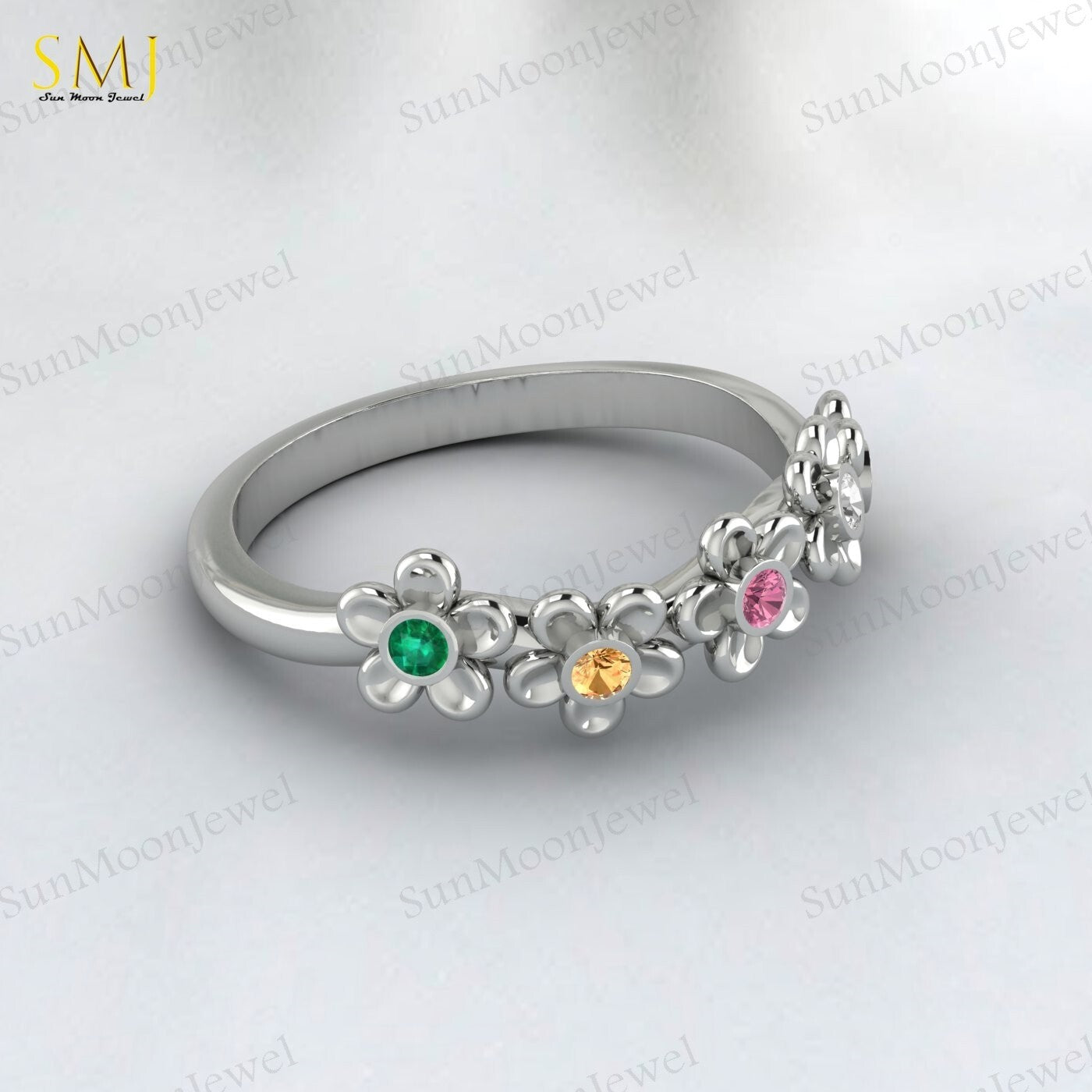 Natural Peridot Tourmaline Citrine Emerald Mutistone Flower Band in 925 Silver