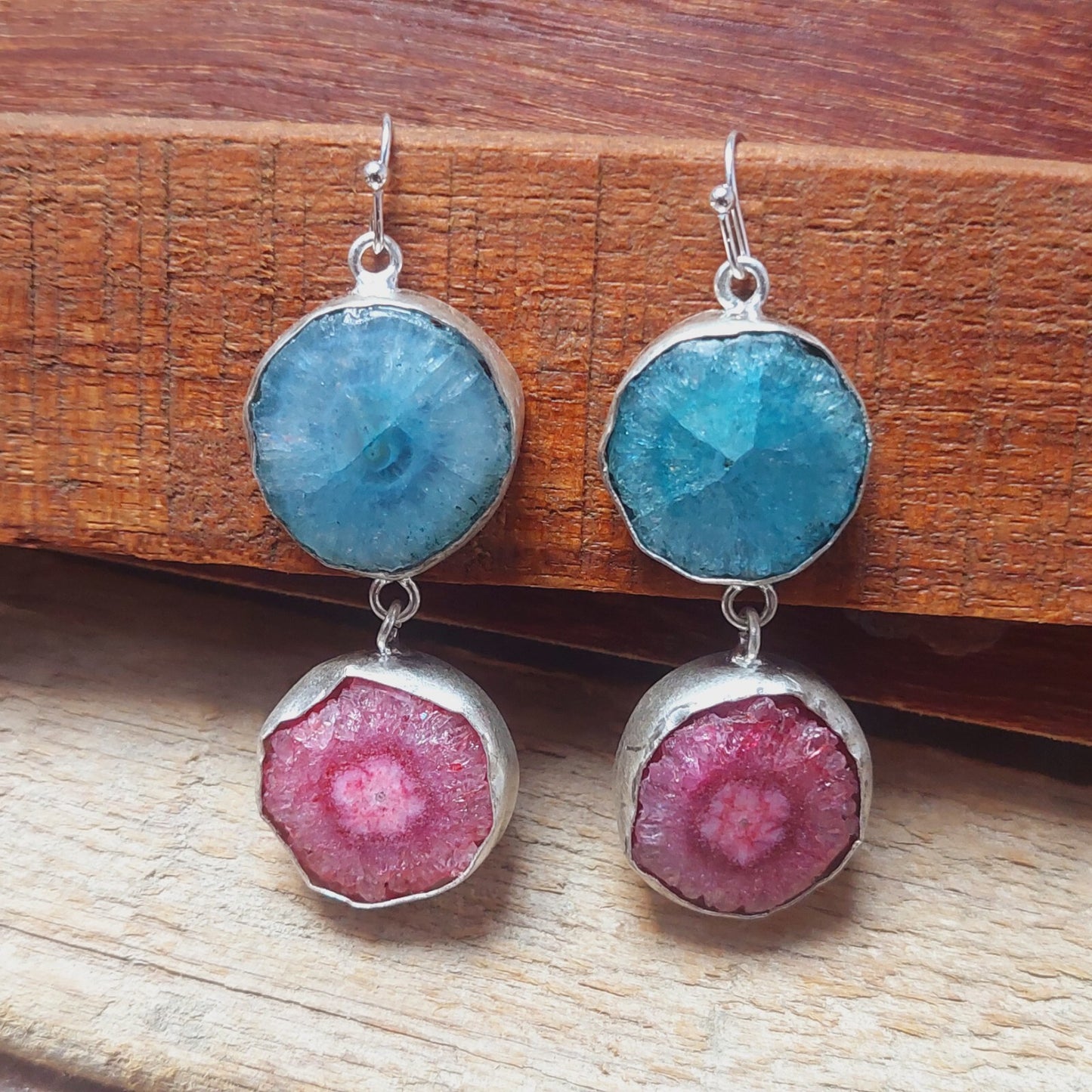 925 Sterling Silver Natural Blue And Pink Solar Quartz Handmade Earring For Her