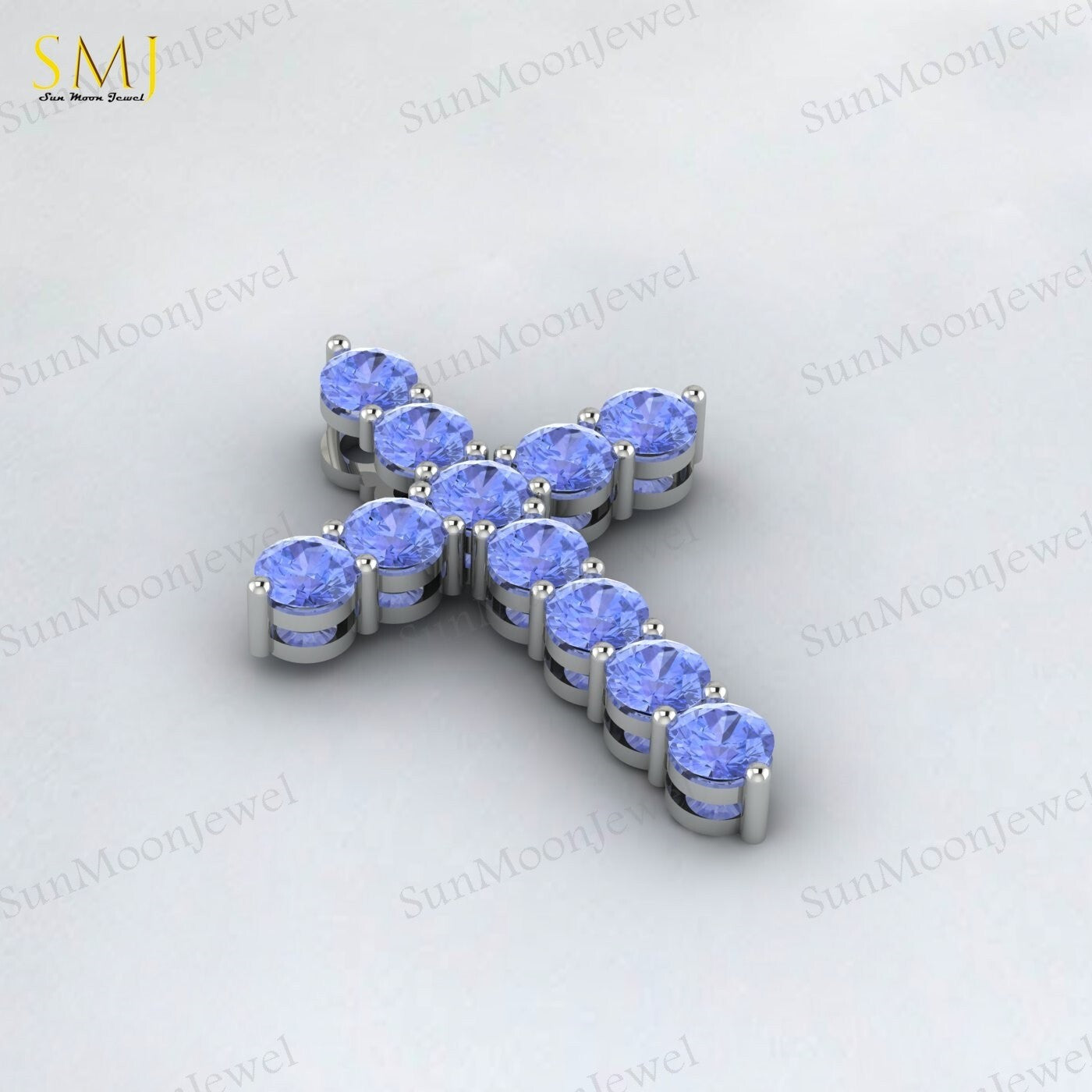 Natural Blue Tanzanite Cross Pendant 925 Sterling Silver Necklace