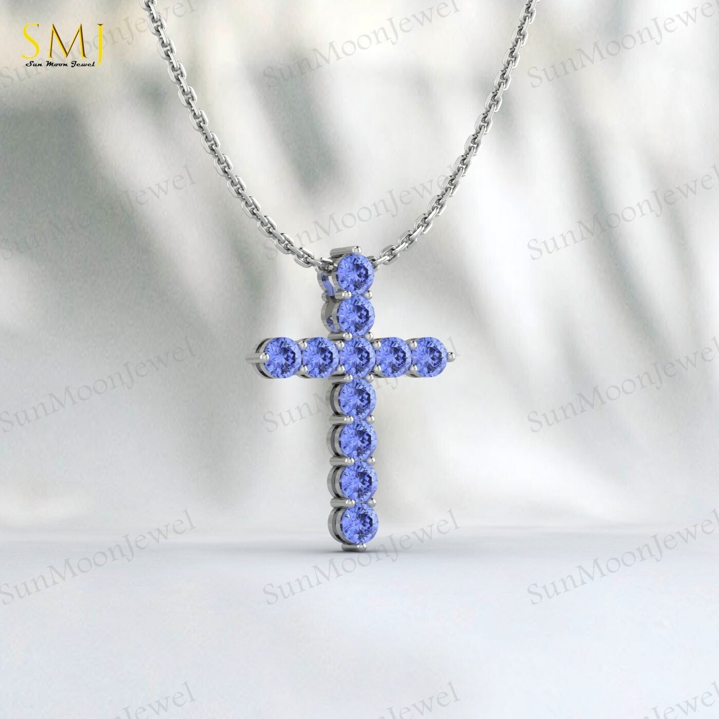 Natural Blue Tanzanite Cross Pendant 925 Sterling Silver Necklace