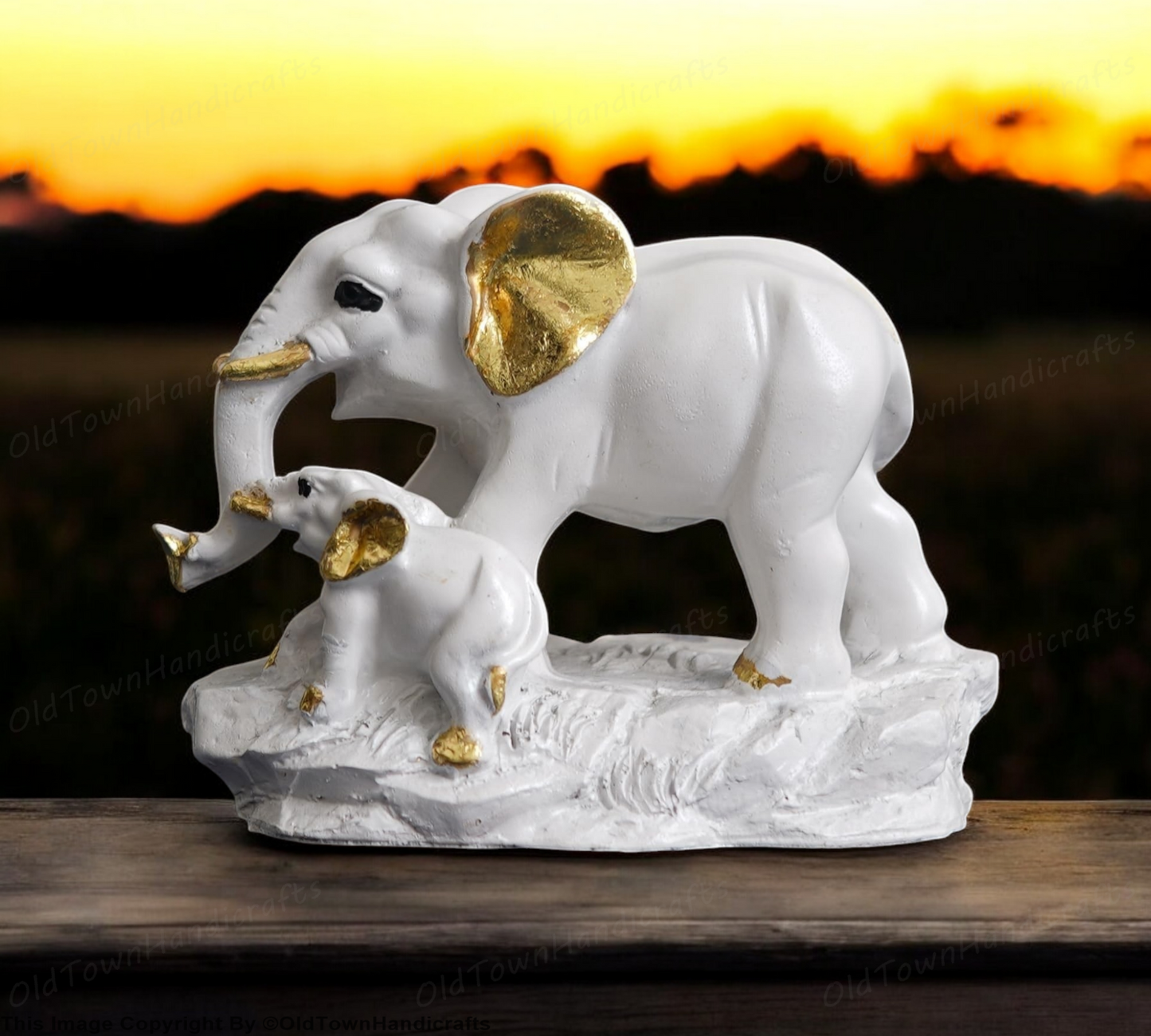 White & Golden Elephant with Baby Statue Decorative Showpiece for Home Office