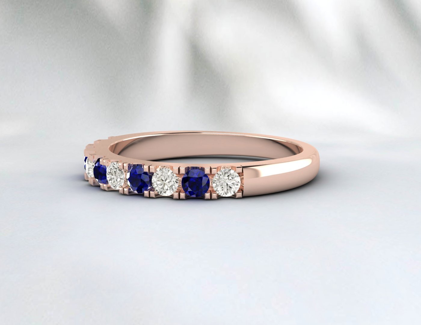 Blue Sapphire Half Eternity Band With Cz Diamond 925 Sterling Silver Lab Created