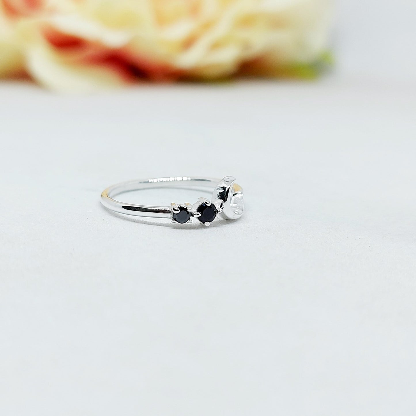 Black Onyx Moon Ring Elegant Handmade Celestial Gift Ring US5~15 Dainty Look