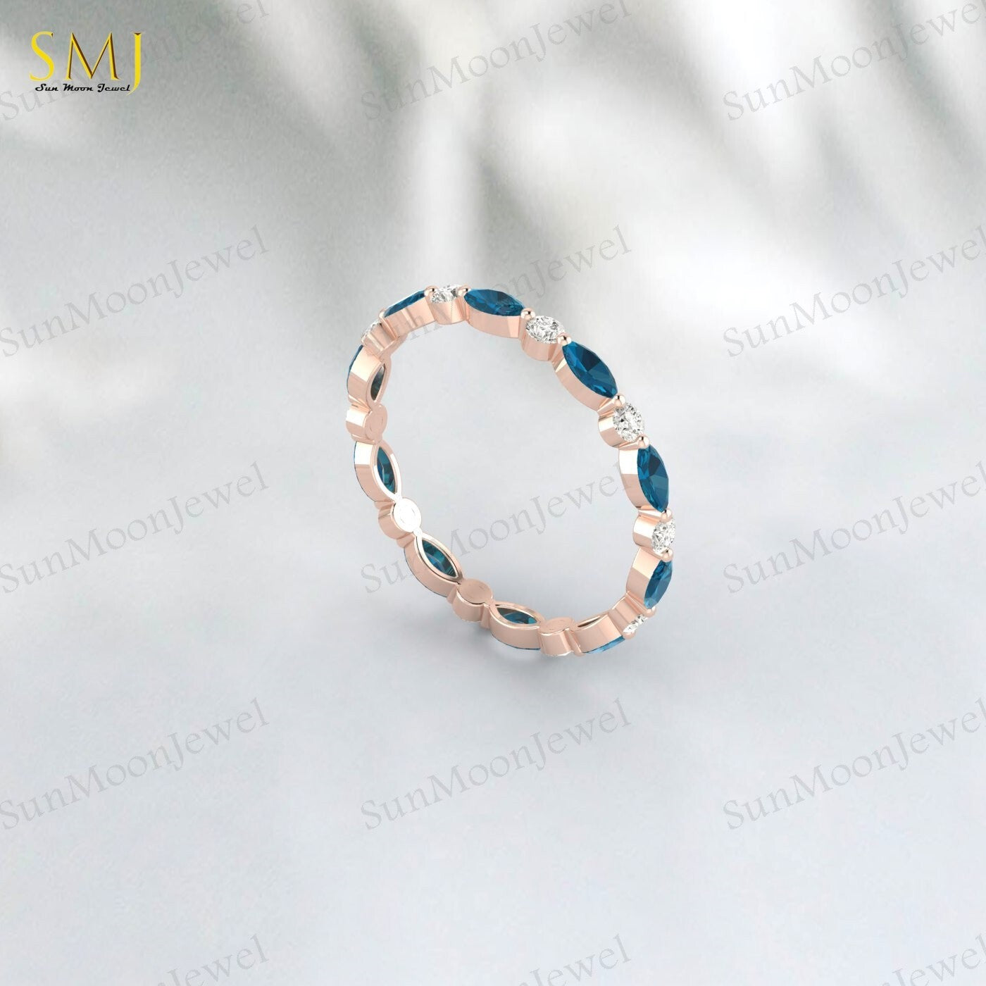 Full eternity Natural London Blue Topaz wedding band Marquise 925 Silver