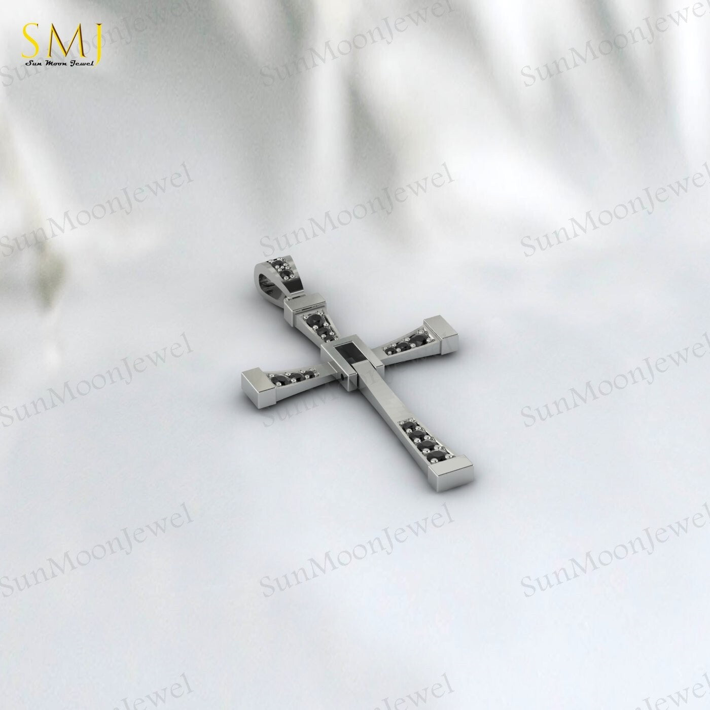 925 Silver Natural Black Onyx Cross Necklace Religious Charm Pray Rosary Pendant