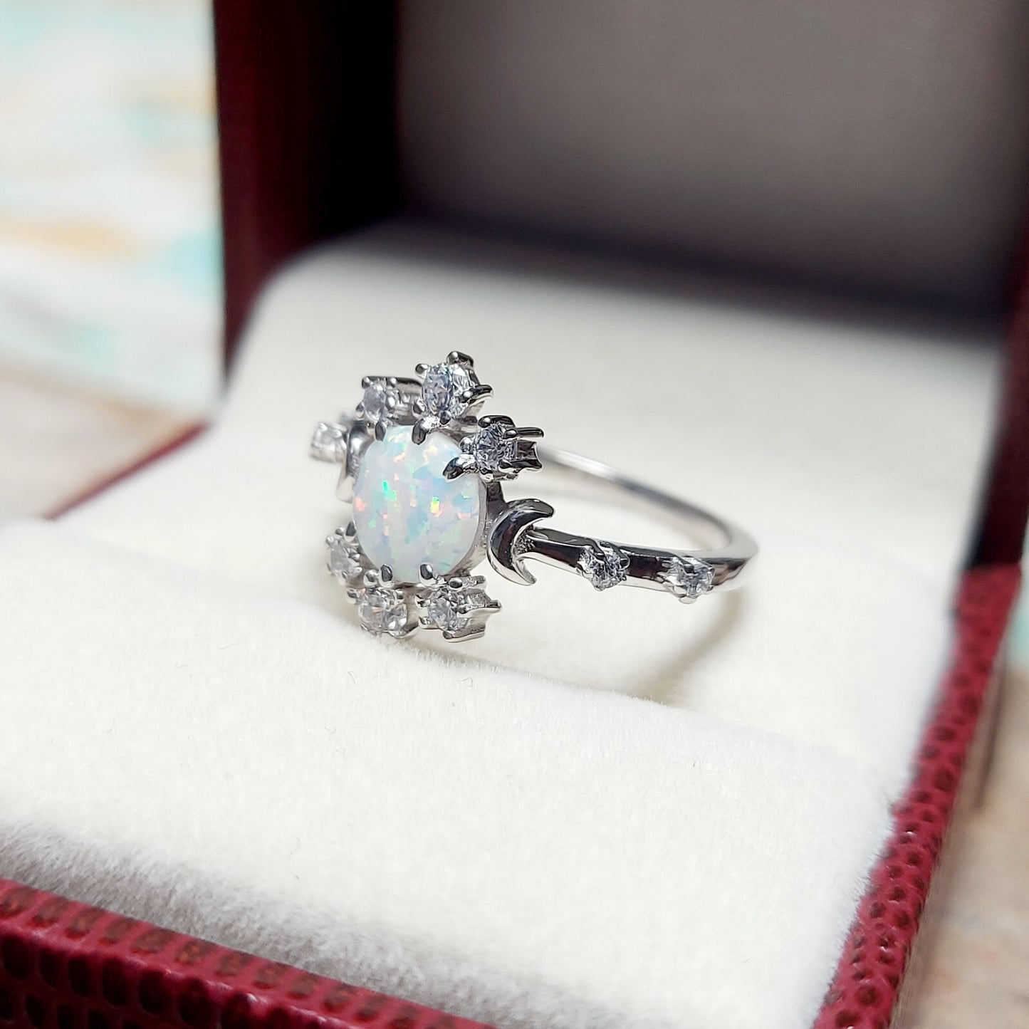 Natural Opal Ring Round Cut CZ Cluster 925 Silver Gift Ring US5~15 Vintage Look
