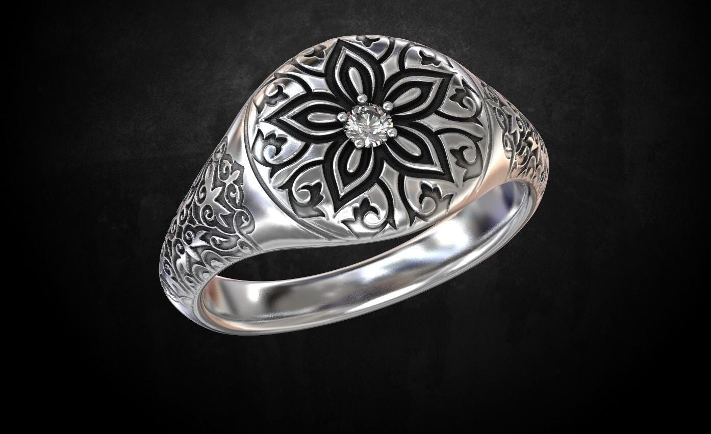 Vintage CZ Signet Ring 925 Silver Handmade Antique Style Gift for Men US5-15
