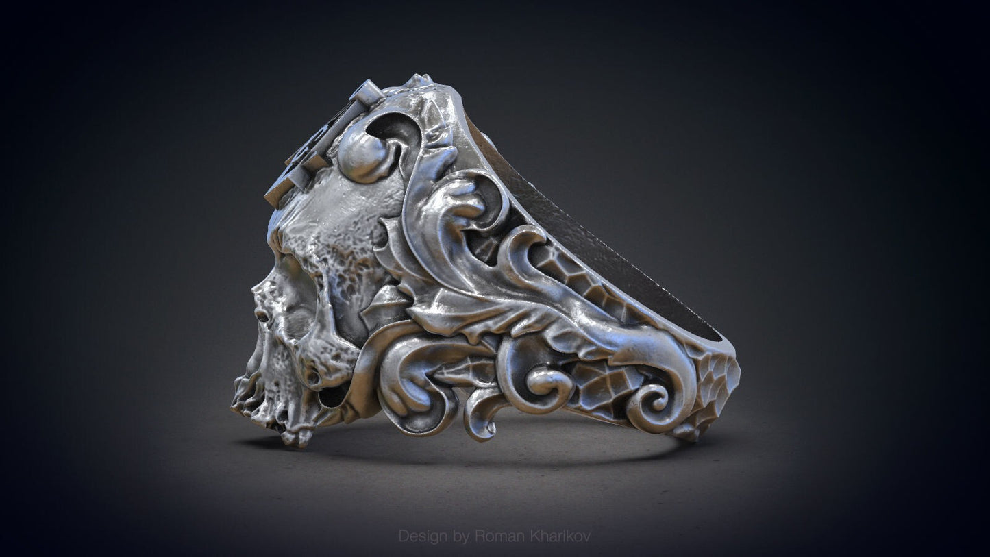 Silver Masonic Skull Ring US7-15 Solid Handmade Masonic Skull Ring For Men Women