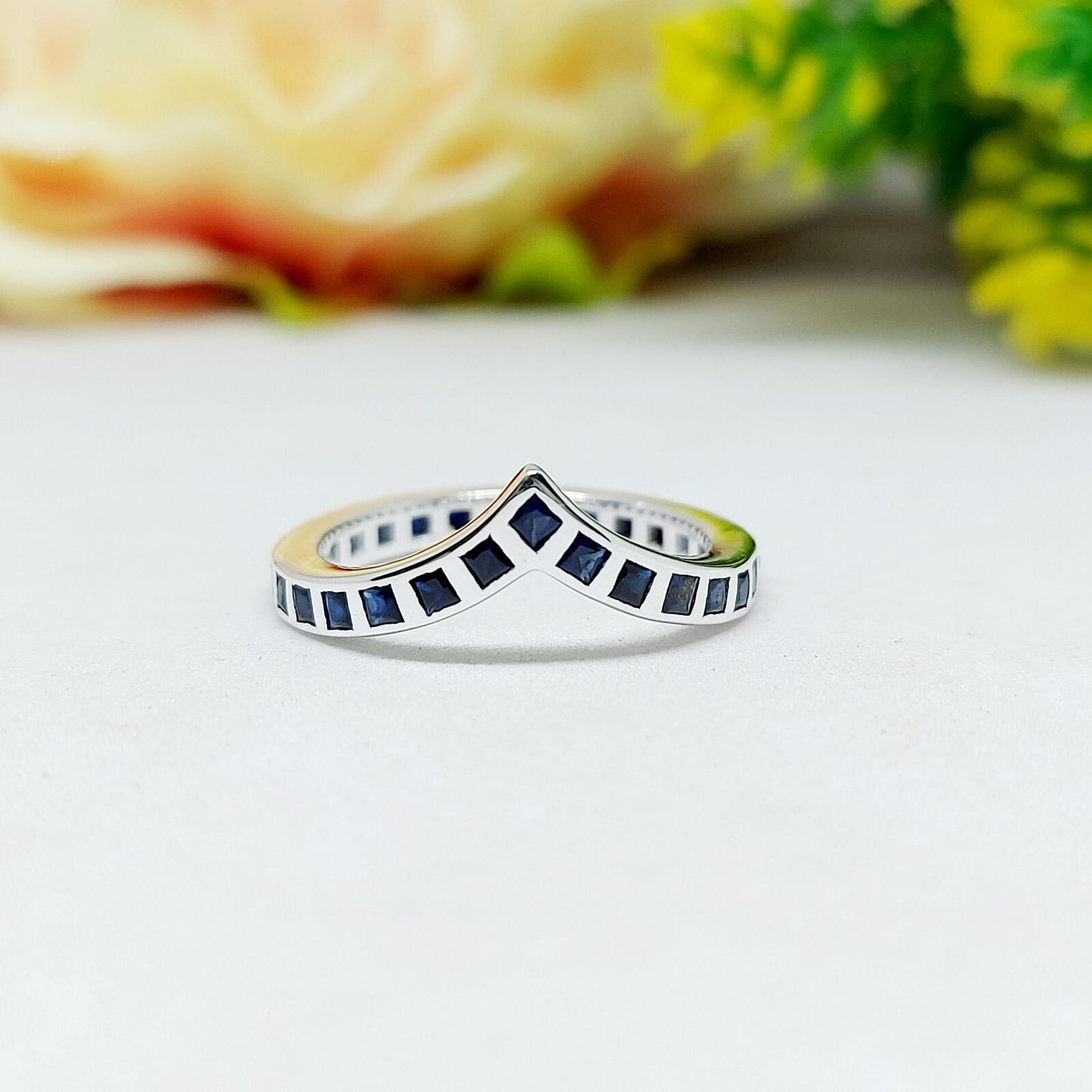 Princess Cut Blue Sapphire Curved Band 925 Sterling Silver Lab Created Ring Band