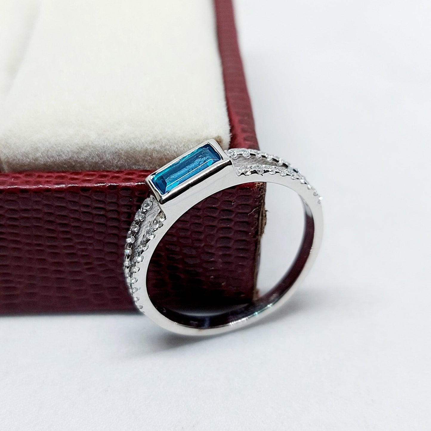Silver Blue Tourmaline Baguette Shape Ring Women Birthstone Gift Ring Us5~ 15