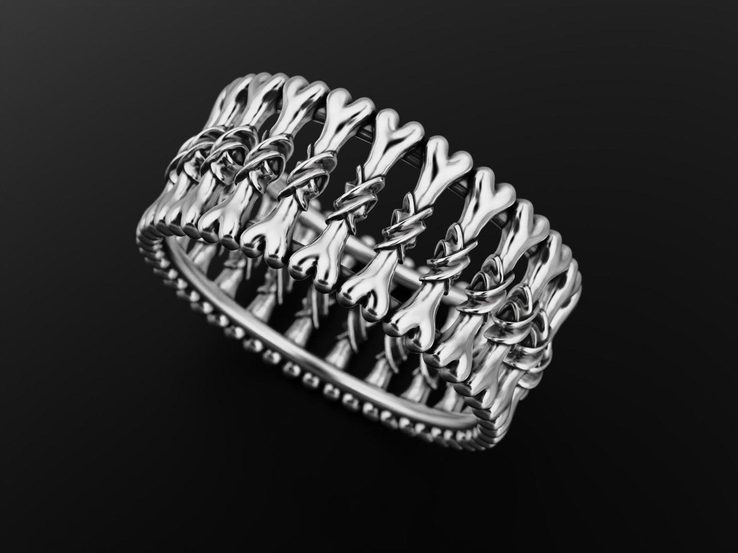 925 Silver Gothic Bone Ring US5~15 Biker Punk Style Band Men Statement Gift Ring