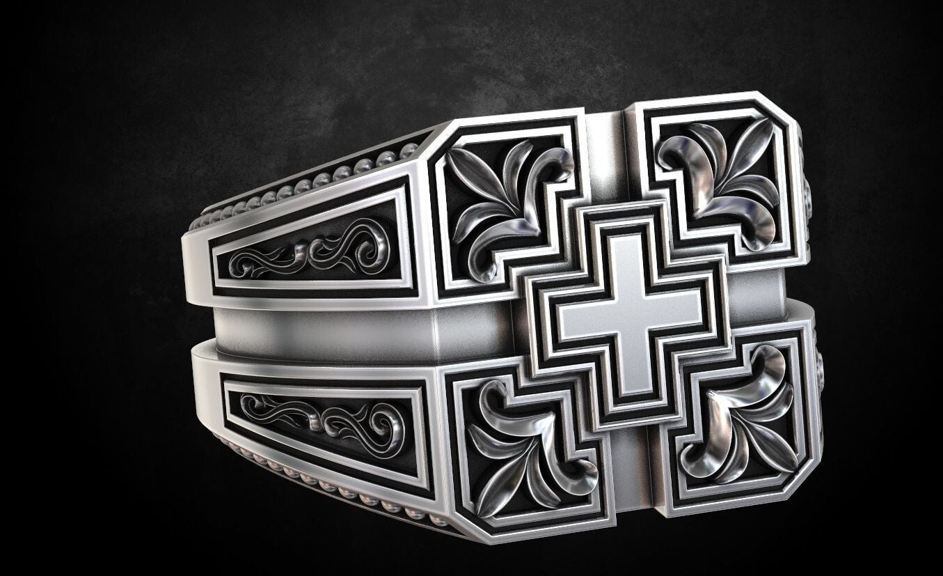 Engraved Cross Christian Religious Handmade Silver Ring US7-15 Men's Cross Ring