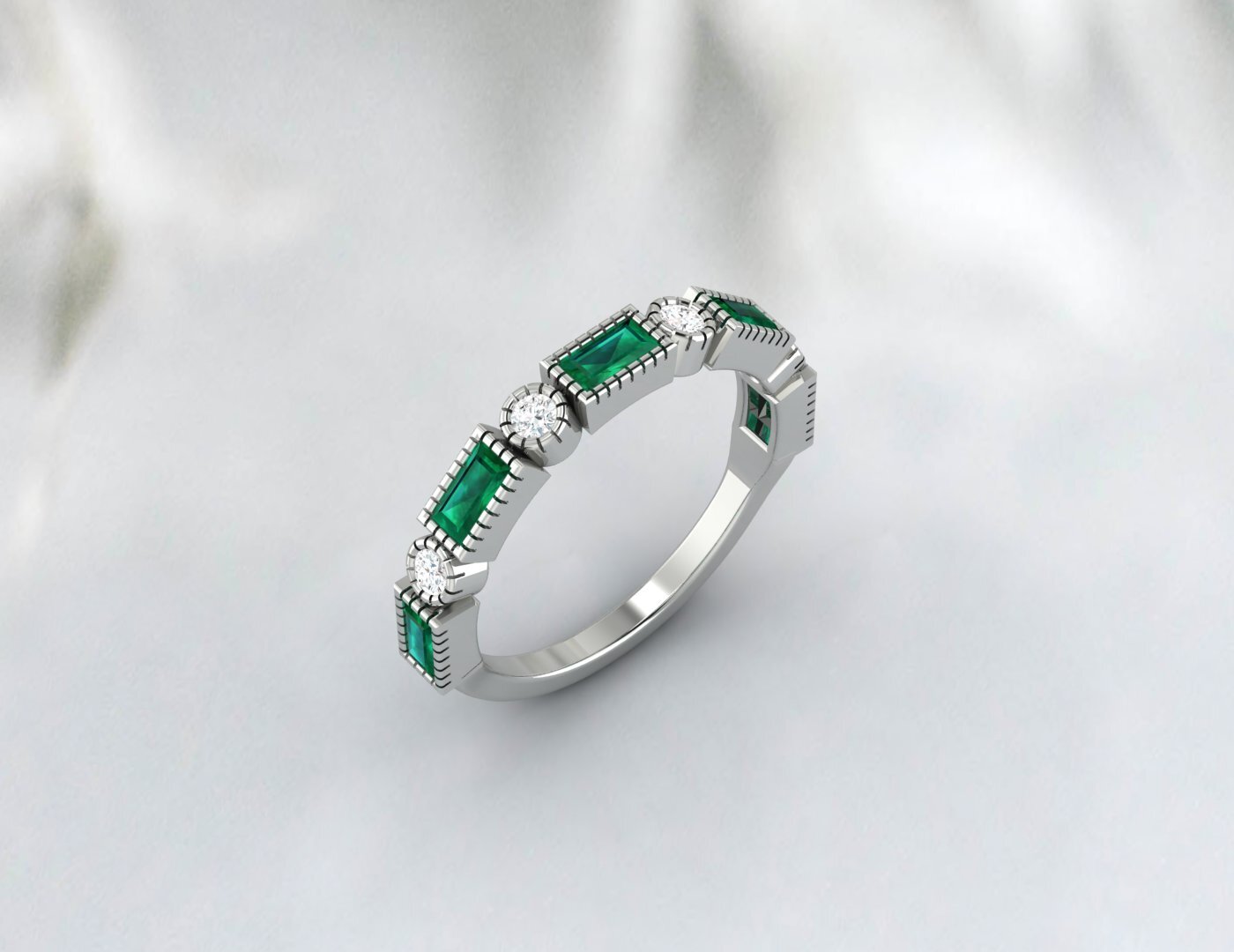 Baguette Cut Emerald & Cubic Zirconia Half Eternity Fine Silver Band Lab Created