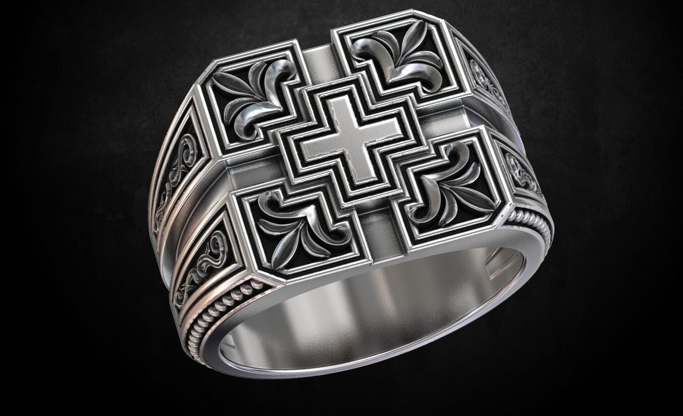 Engraved Cross Christian Religious Handmade Silver Ring US7-15 Men's Cross Ring