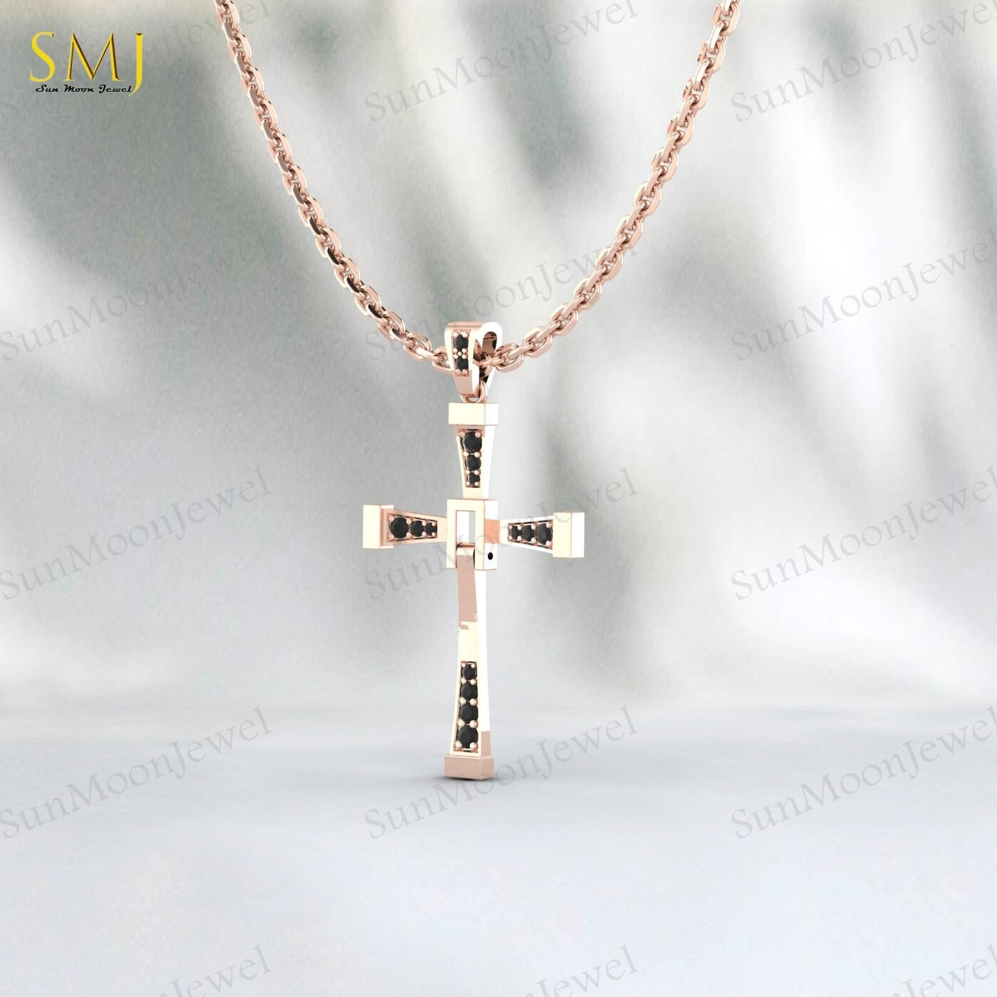 925 Silver Natural Black Onyx Cross Necklace Religious Charm Pray Rosary Pendant