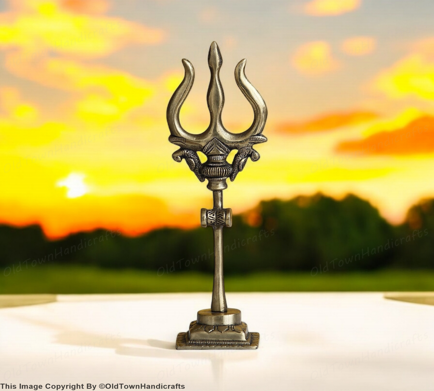 Brass Trishul with Damru Handcrafted Trishul Figurine Unique Gold Home Decor
