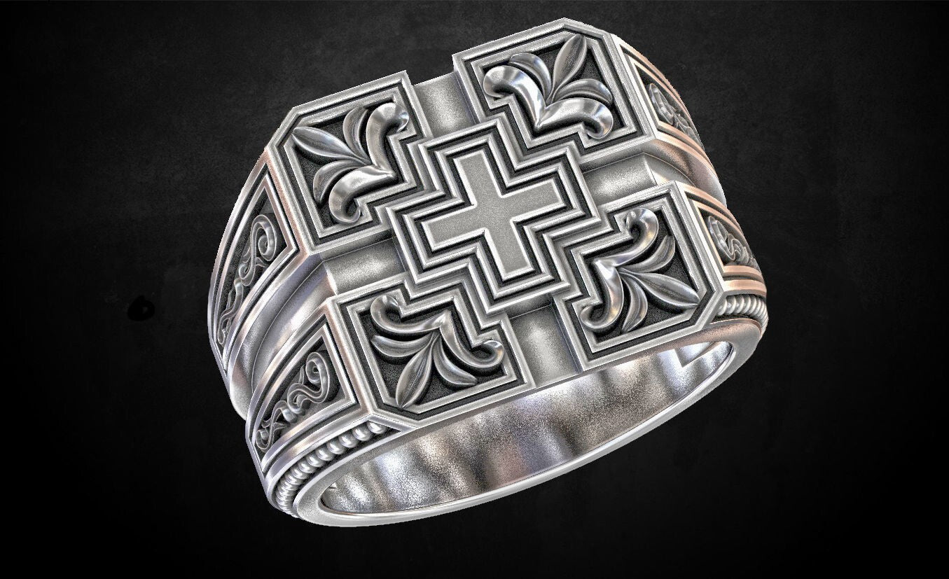 Engraved Cross Christian Religious Handmade Silver Ring US7-15 Men's Cross Ring