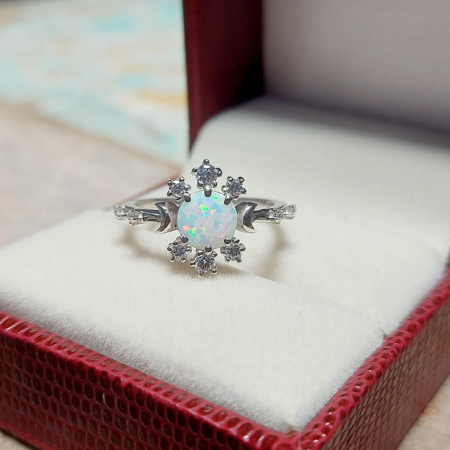 Natural Opal Ring Round Cut CZ Cluster 925 Silver Gift Ring US5~15 Vintage Look