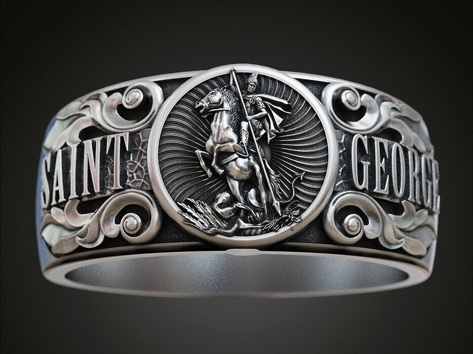 925 Silver St George Warrior Dragon Signet Ring Religious Men Women Ring US5-15