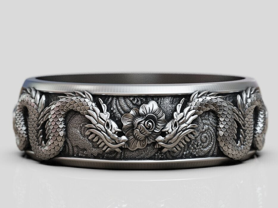 Silver Men's Ring Dragon Spinner Wedding Band Dragon Flower Women Ring US5~15