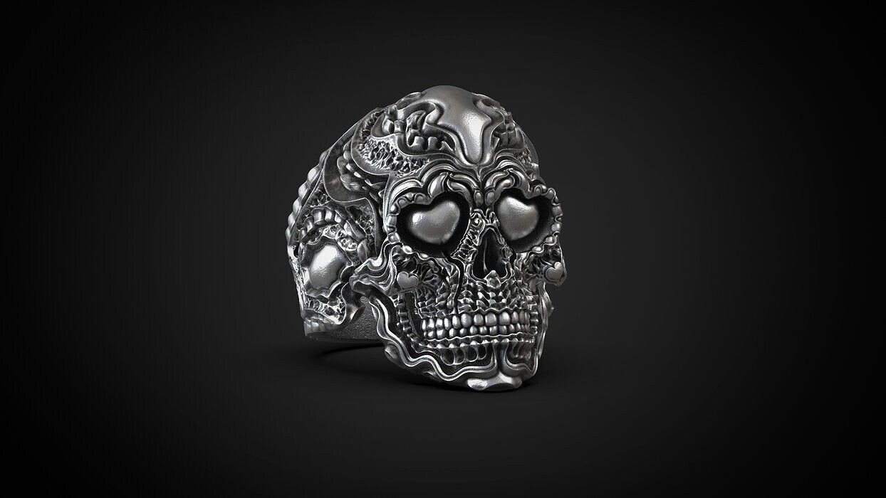 925 Sterling Silver Biomechanical Skull of Love Ring US7~15 Oxidized Biker Rider