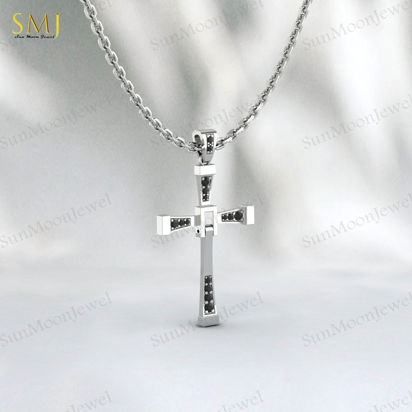 925 Silver Natural Black Onyx Cross Necklace Religious Charm Pray Rosary Pendant