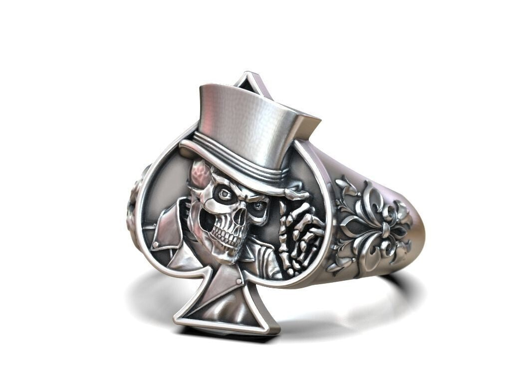 925 Silver Lucky Ace Spade Skull Hat Ring Casino Gothic Biker Poker Style US5~15