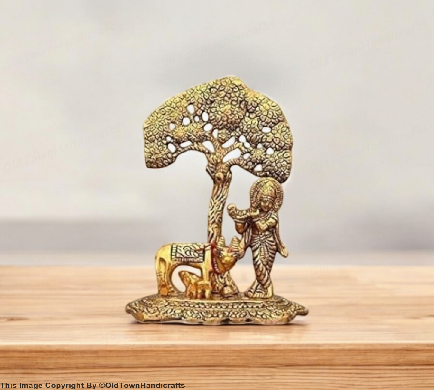 Brass Finish Krishna Idol with Cow Under Tree 6" Statue for Home Office Decor