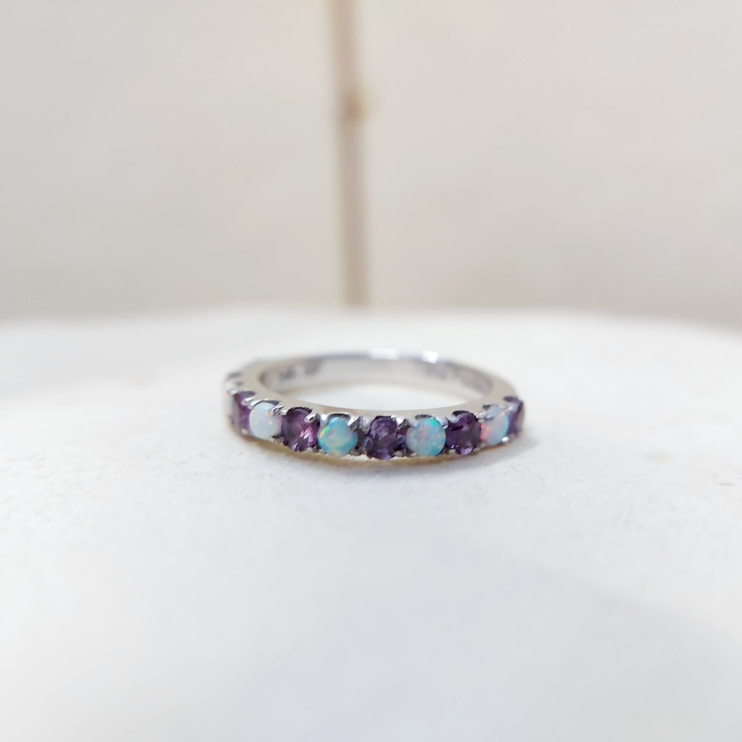 Fire Opal Amethyst Ring Genuine Silver Half Eternity Band Handmade Women US5~15