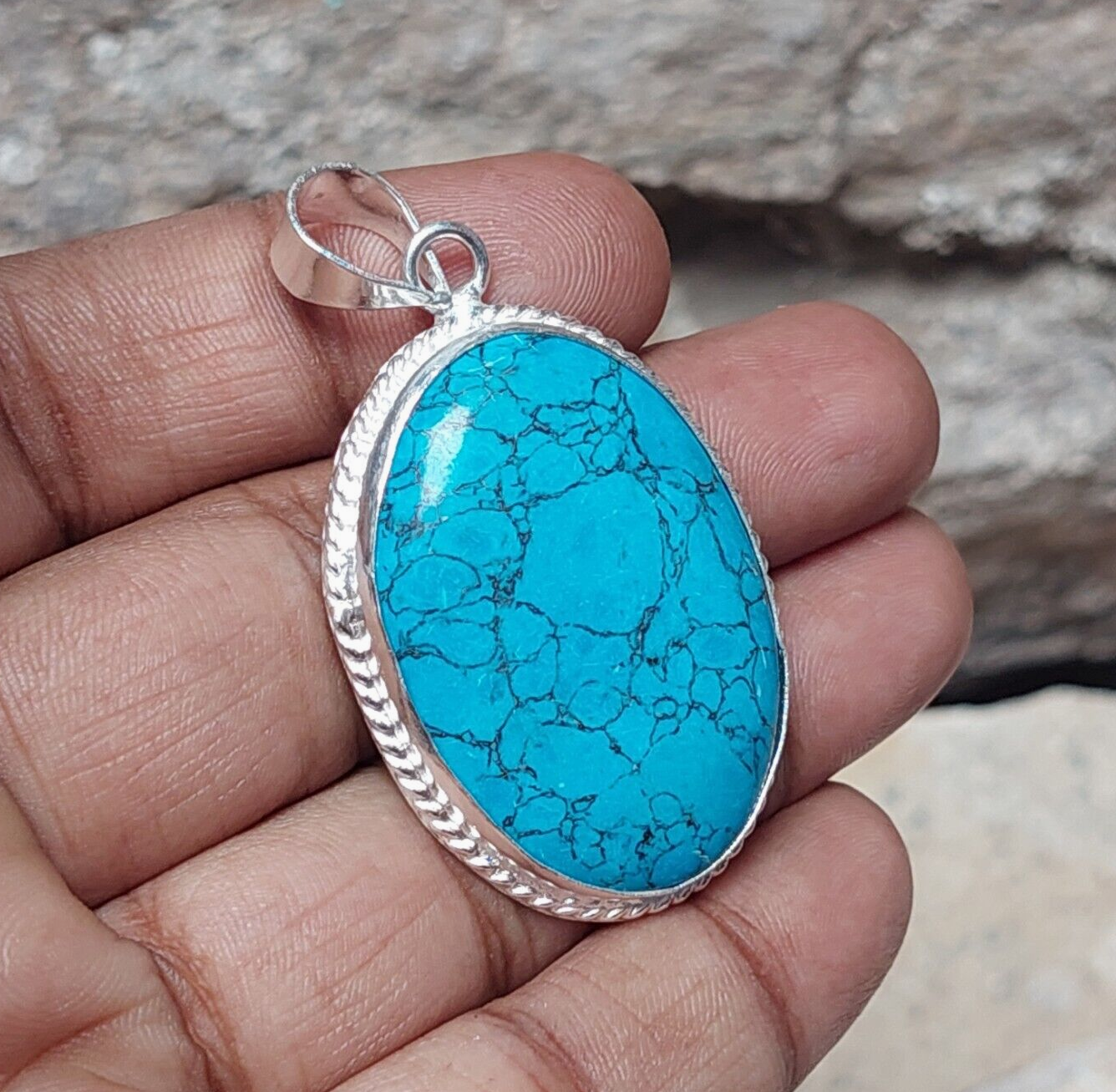 Blue Turquoise Gemstone 925 Sterling Silver Handmade Pendant,Ethni Boho Pendant
