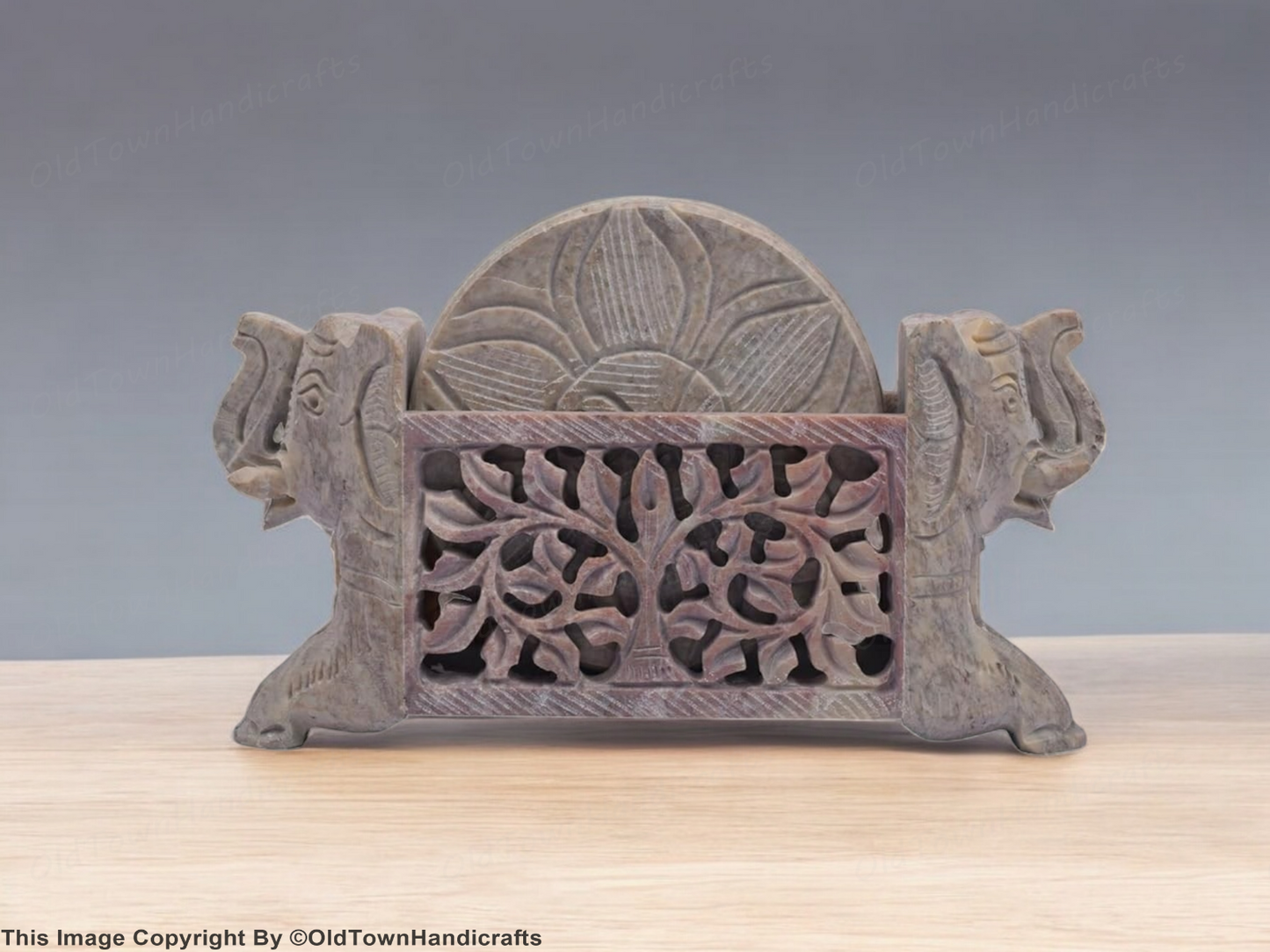 Set of 6 Hand Carved Elephant Soapstone Coasters with Holder Dining Party Gift