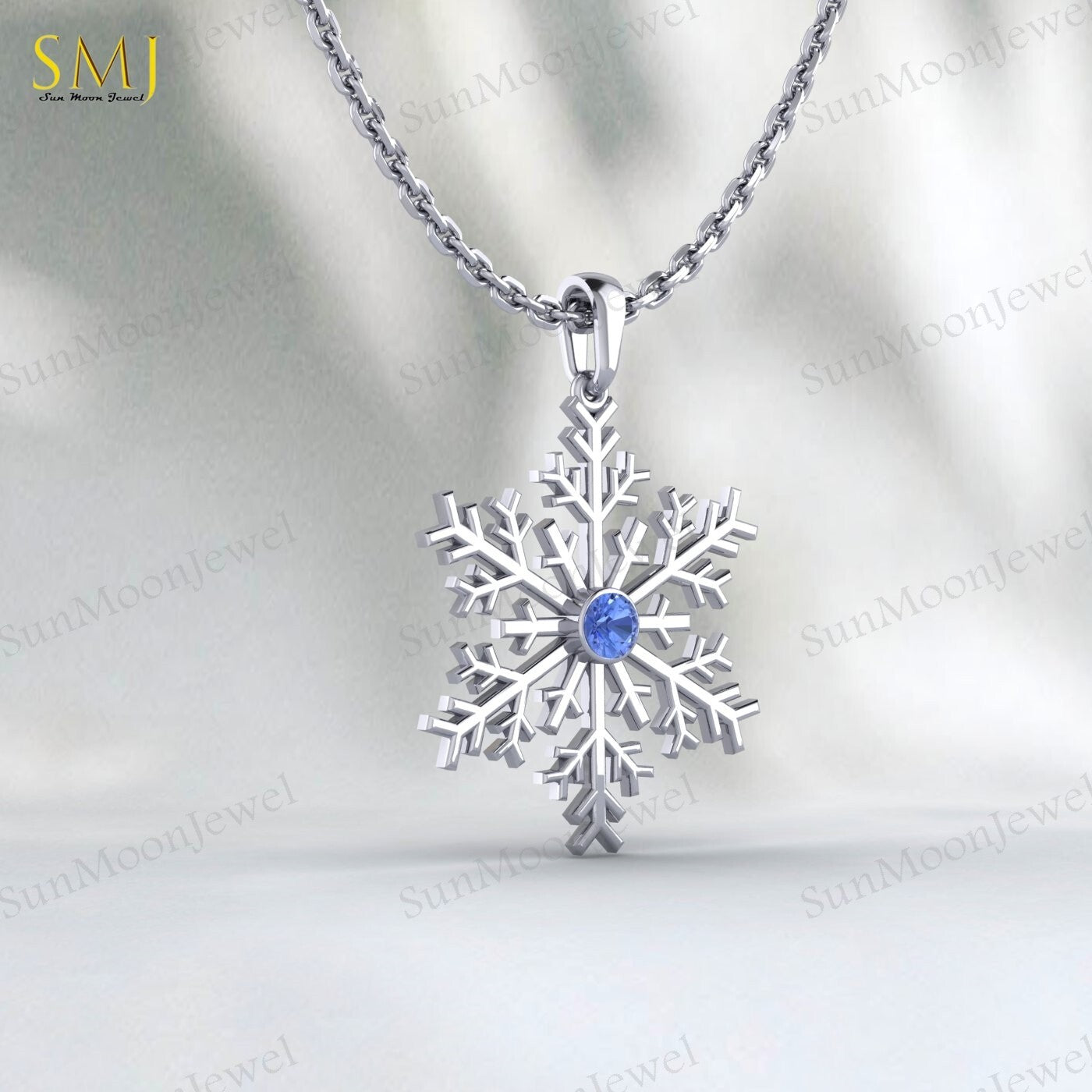 925 Silver Blue Tanzanite Snowflake Necklace Winter Snowy Day Gift Sparkly
