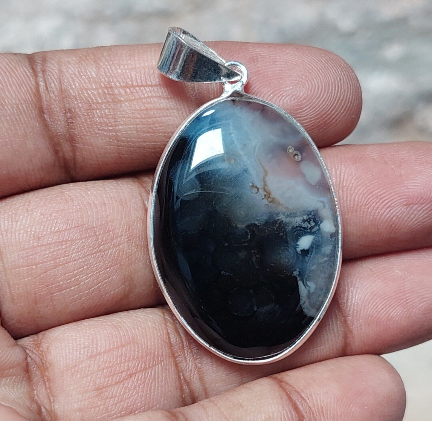 Black Banded Agate Gemstone Pendant 925 Sterling Silver Handmade Pendant Gift