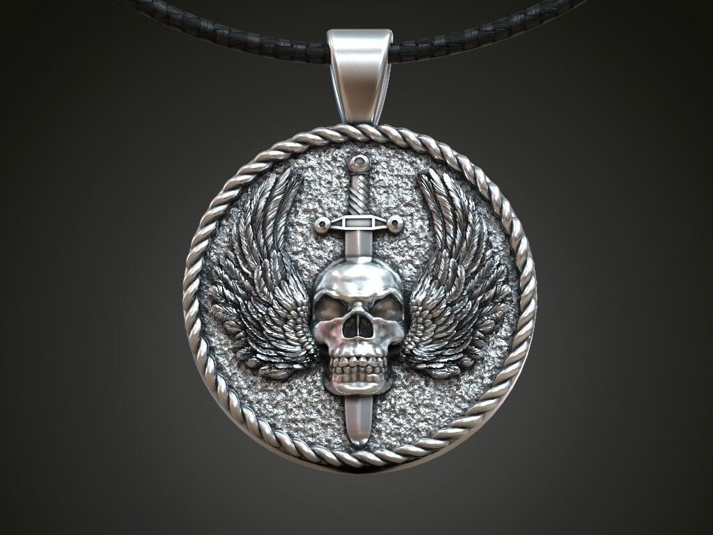 Gothic Mens Biker Skull Wings Pendant MENDEL Skull Wings Necklace Silver Jewelry