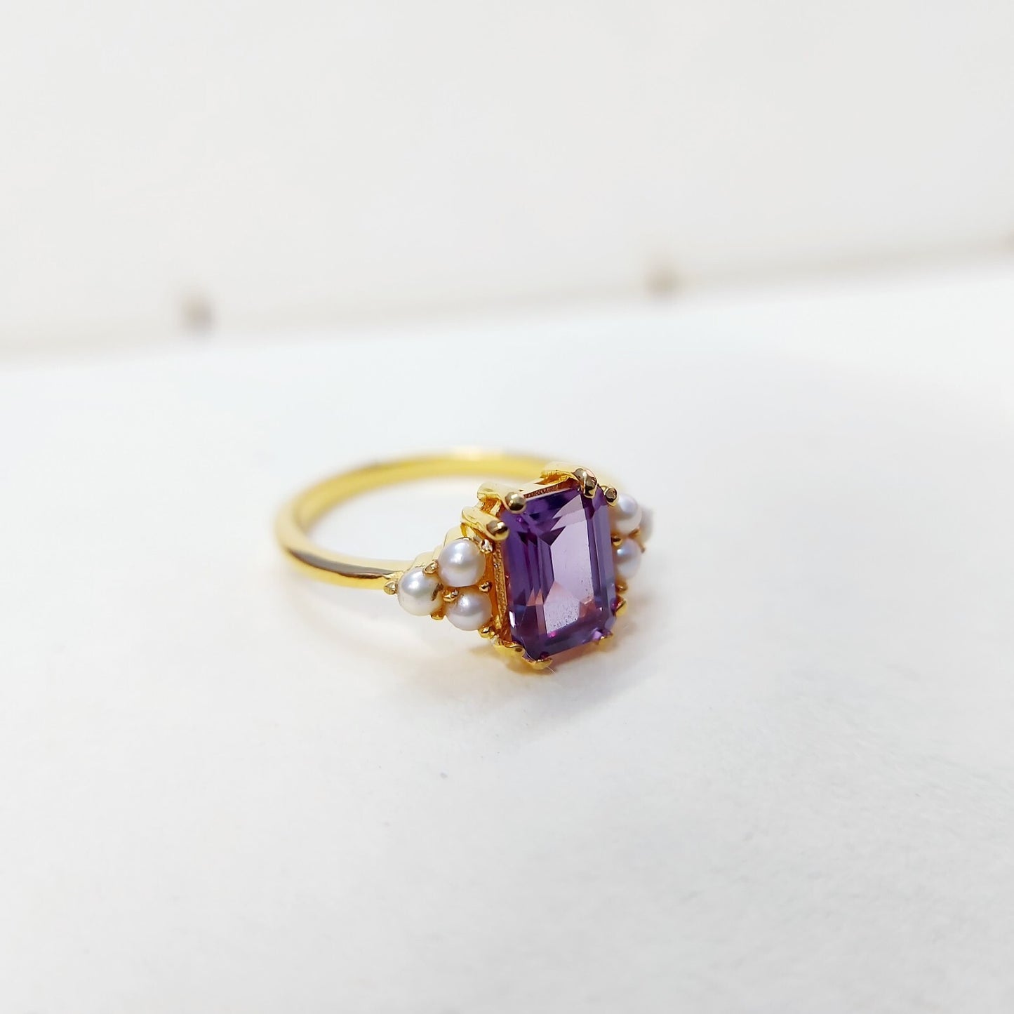 Emerald Cut Amethyst Pearl Ring 925 Silver Handmade Engagement Women Ring US5~15
